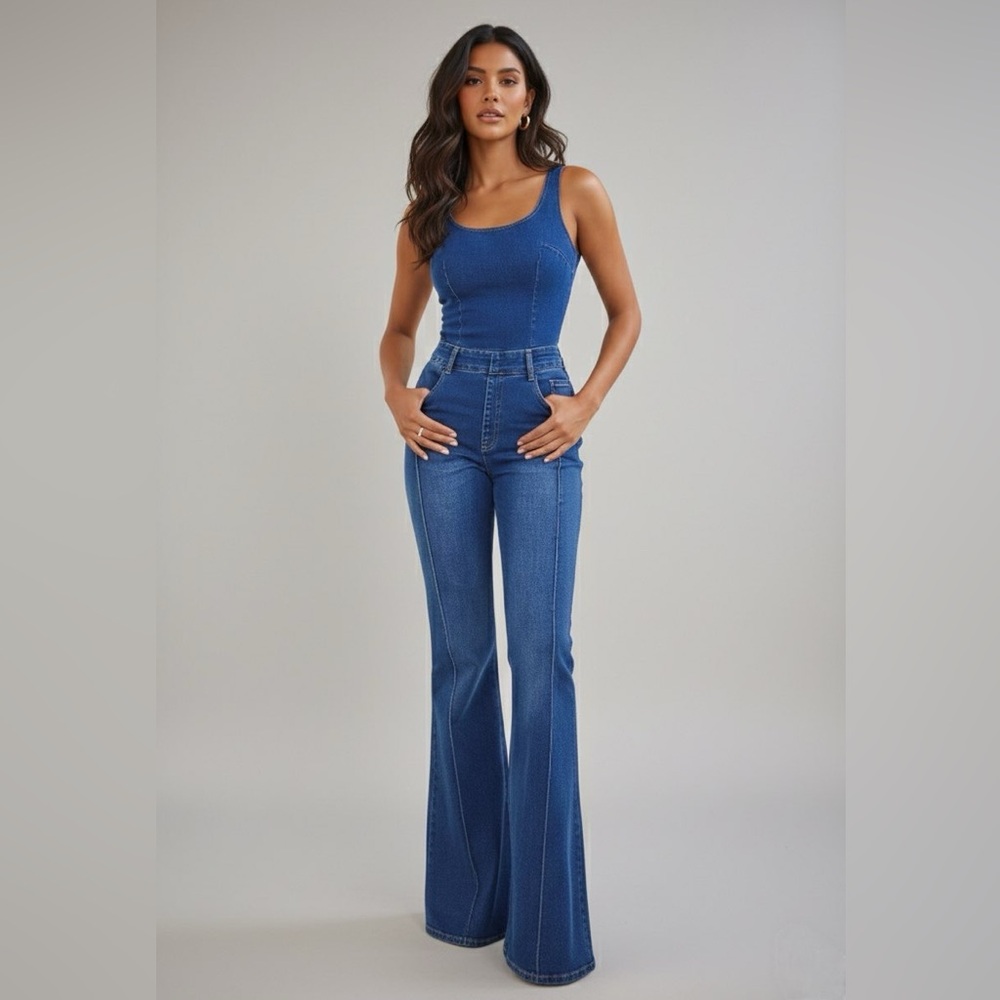 Women’s Blue Denim Jumpsuit | Sleeveless Wide Leg One-Piece